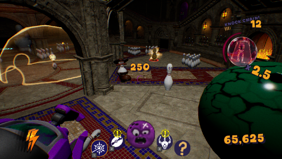 Scena di gioco in un ambiente fantasy con birilli e personaggi animati su sfondo medievale.