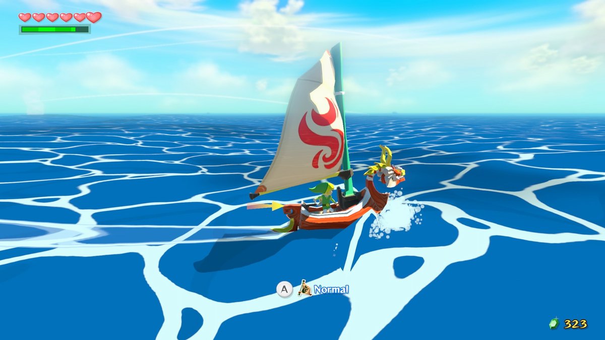 Personaggio in barca a vela su oceano in cell-shading da The Legend of Zelda: The Wind Waker.