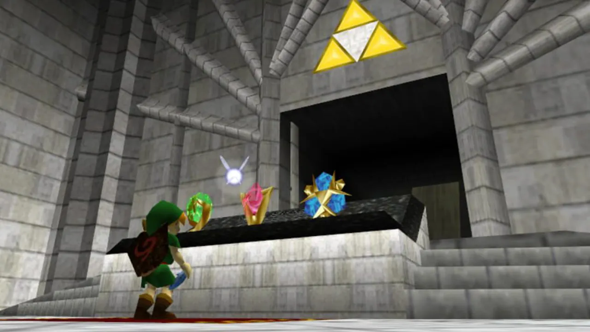 Giocatore in un tempio di The Legend of Zelda: Ocarina of Time con pietre spirituali.