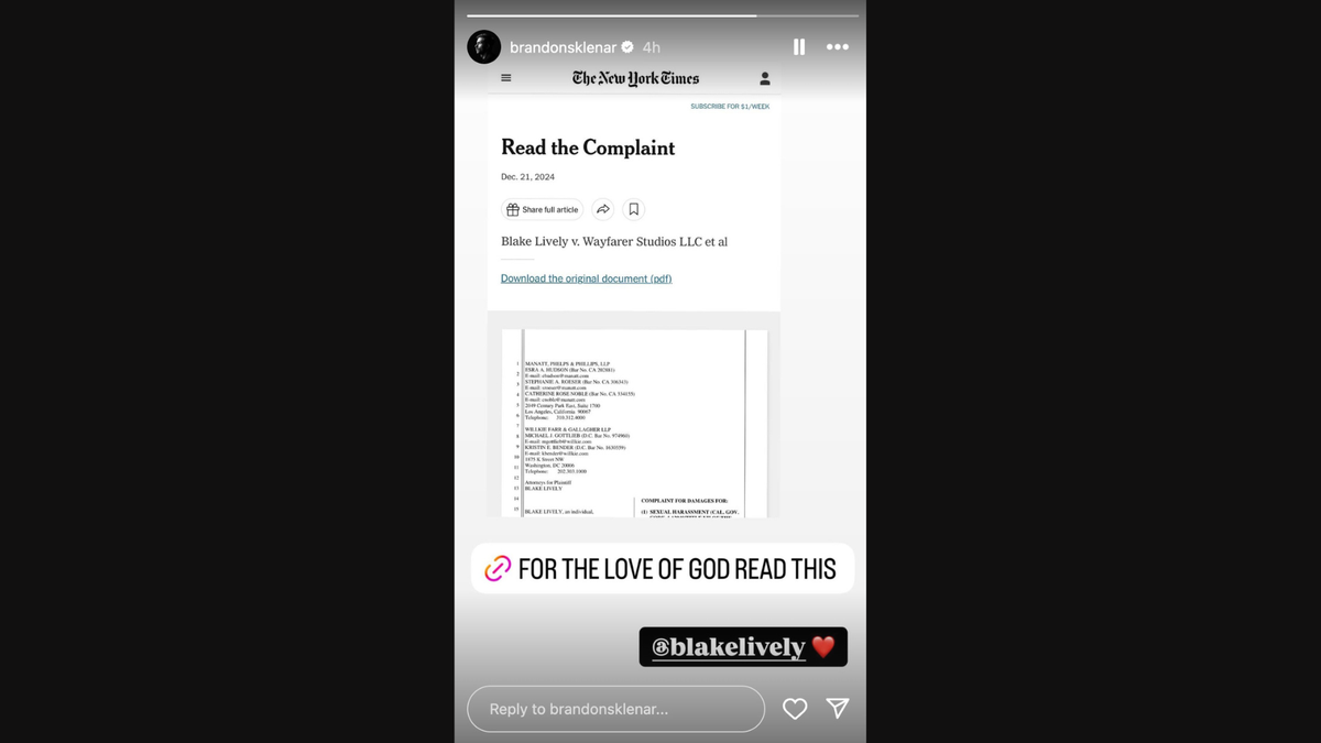La storia su Instagram di Brandon Sklenar in supporto a Blake Lively.