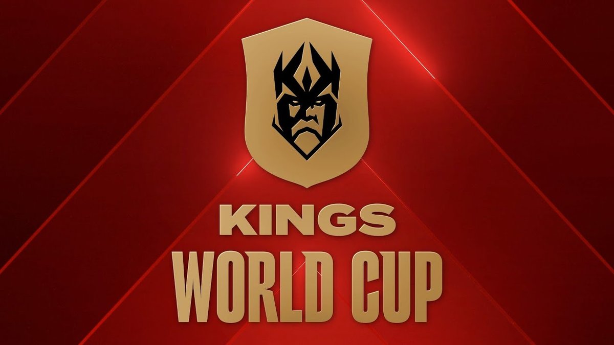 Kings World Cup Nations a Torino e Kings League in Brasile Logo del Kings World Cup su sfondo rosso, presenta uno scudo con un volto stilizzato.