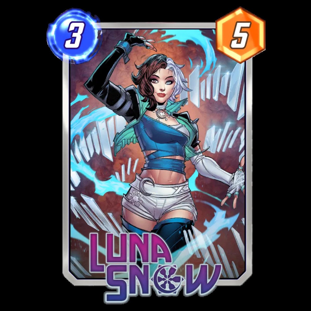 Illustrazione della carta del personaggio Luna Snow in un gioco Marvel.