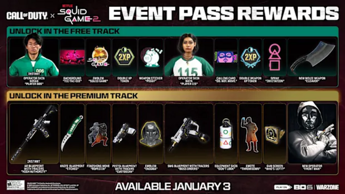 Ricompense del Pass della collab Call of Duty X Squid Game.