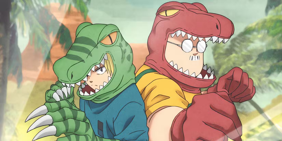Shin e Sakamoto vestiti da dinosauri