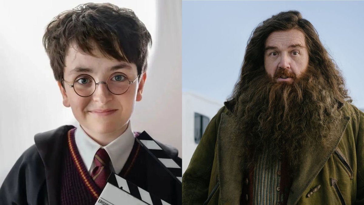 Dominic McLaughlin e Nick Frost nei panni di Harry Potter e Hagrid.