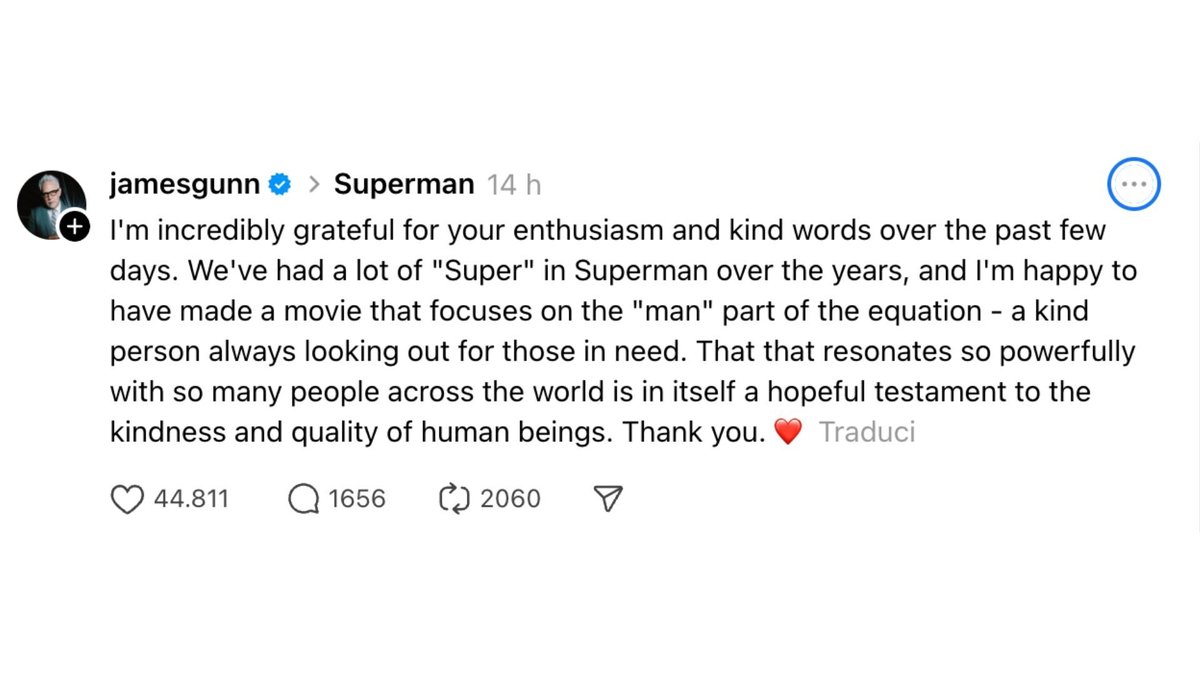 Il messaggio social di James Gunn dopo il box office di Superman.