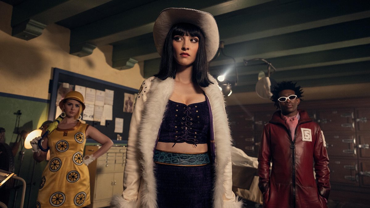 One Piece. (L to R) Jazzara Jaslyn as Miss Valentine, Lera Abova as Miss All Sunday, Camrus Johnson as Mr. 5 in season 2 of One Piece. Netflix © 2026